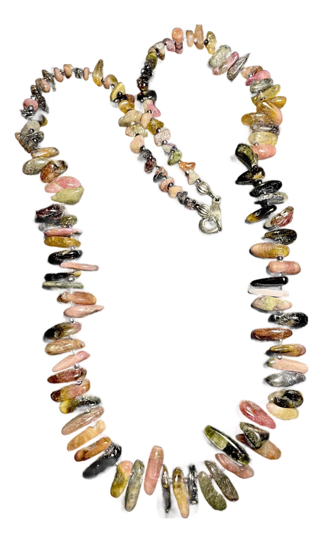 Gemstone Necklace Rainbow Tourmaline Graduated Stick Necklace Sterling Silver Clasp: Gemstone Rainbow Tourmaline graduated stick shape, 21 inches in length, with l 925 Sterling Silver lobster clasp. October Birthstone Tourmaline. Spectrum of pinks, deep black and olive greens , and