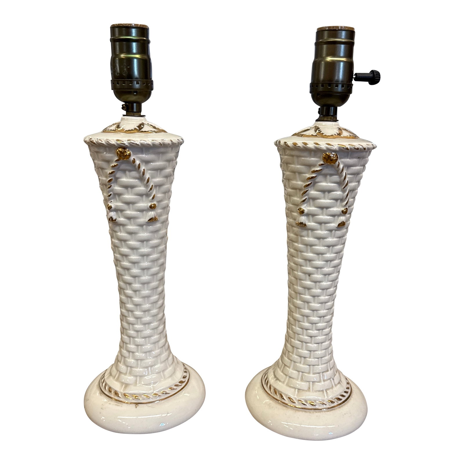 1950s Pair of Vintage Ceramic Diminutive Basket Gold Bow Lamps.: Pair of vintage basket pattern gold bow lamps. Rewired. No chips or cracks. Use clip on shade with this pairs. 14" to the socket. Add height for the bulb. Condition: Alterations: Restored