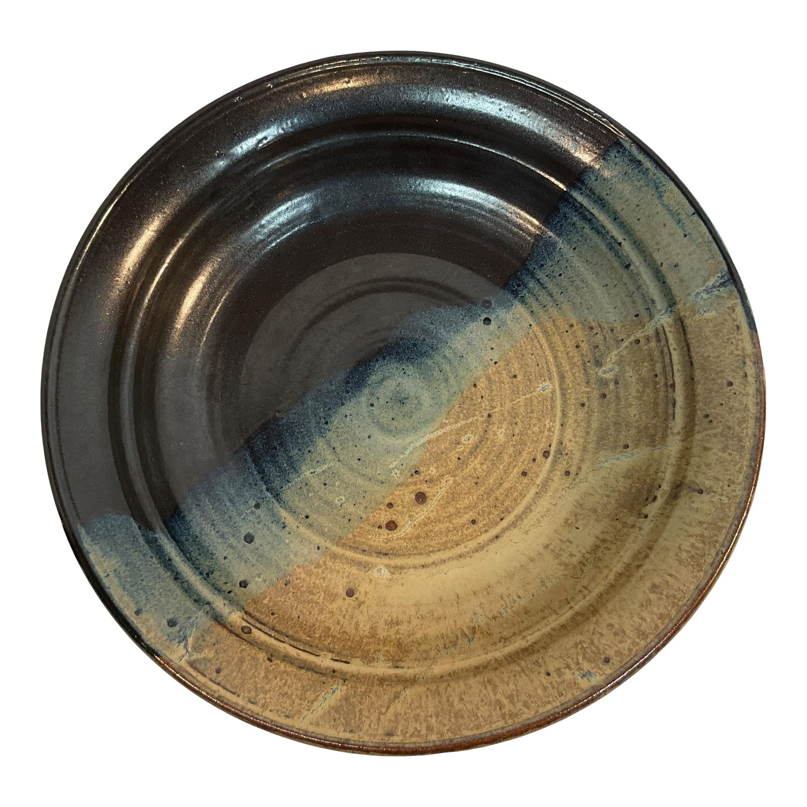 Vintage Art Pottery Bowl Large 14.5" Stoneware Signed 2001: This is a great handmade pottery bowl. It is 14 1/2" in diameter and has beautiful colors of blue, green, tan, and black. It is signed and says "Art and Function Collide" on the bottom. This would be
