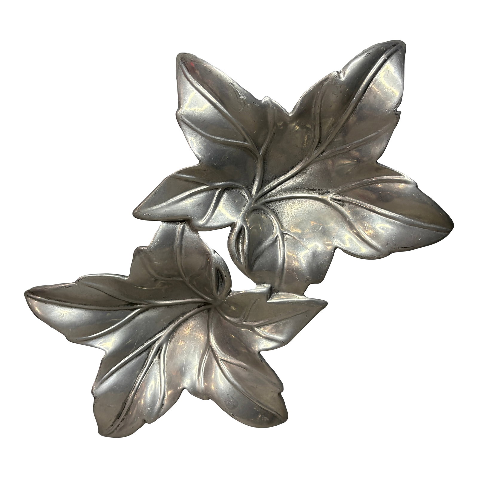 Vintage Bruce Fox Cast Aluminum Double Ivy Leaf Bowl: Sculptural vintage Bruce Fox double bowl crafted in heavy cast aluminum, featuring two organically formed ivy leaves joined as a single serving piece. This mid-century design highlights Fox's