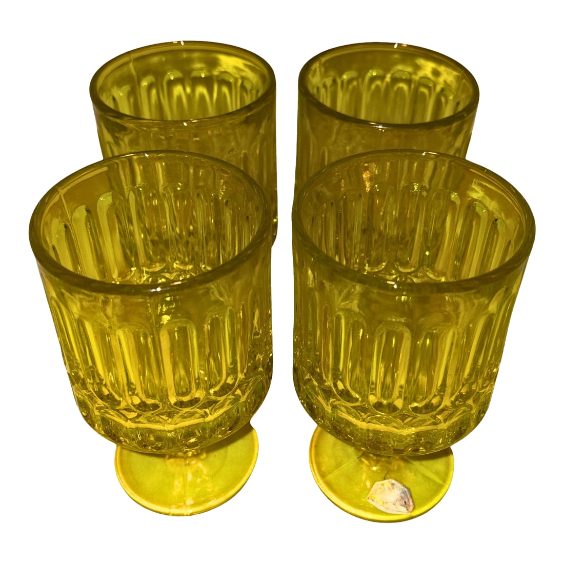 1969 Chartreuse Wine Goblets, S/4: Made by Independence Glass Ware Japan, this pattern and color were only made for one year, in 1969. Although the pattern is named "Sculptural Yellow," their actual appearance is a stunning