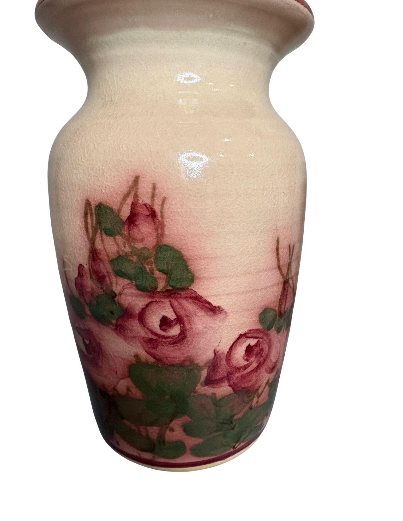 Vintage Hand-Painted Rose Motif Studio Pottery Vases - Set of 3, Signed Artist Mark Mj - 2