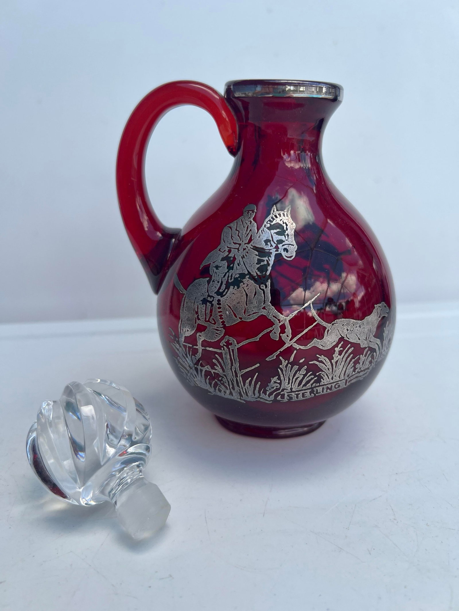 Antique Ruby Red Glass Cordial Decanter & Tumbers Set With Sterling Silver Hunt Scene - 3