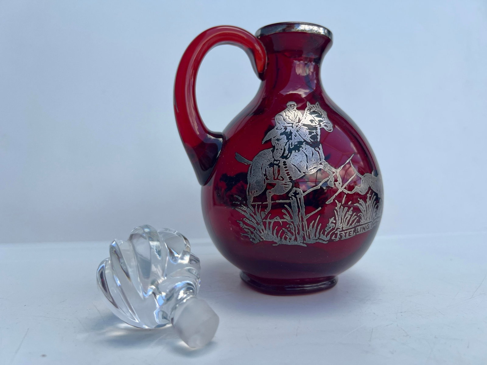 Antique Ruby Red Glass Cordial Decanter & Tumbers Set With Sterling Silver Hunt Scene - 4