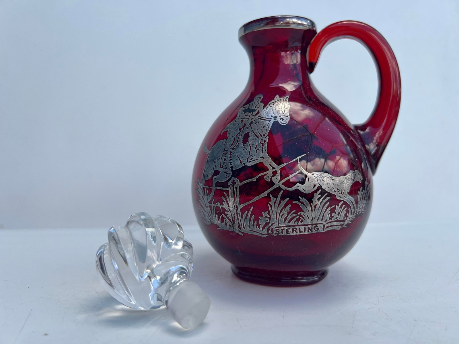 Antique Ruby Red Glass Cordial Decanter & Tumbers Set With Sterling Silver Hunt Scene - 6