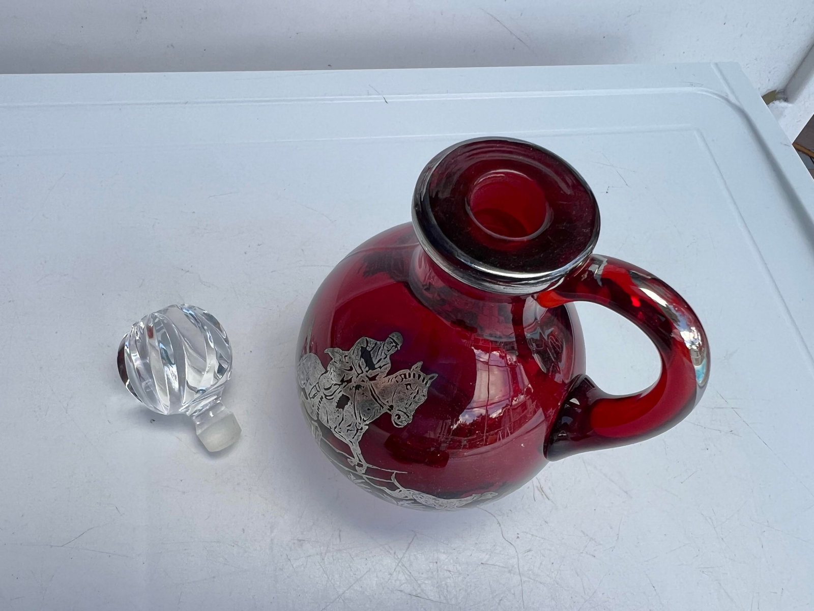 Antique Ruby Red Glass Cordial Decanter & Tumbers Set With Sterling Silver Hunt Scene - 7