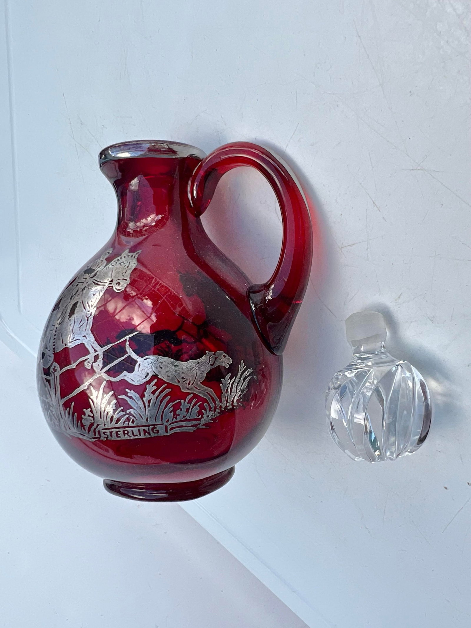 Antique Ruby Red Glass Cordial Decanter & Tumbers Set With Sterling Silver Hunt Scene - 8