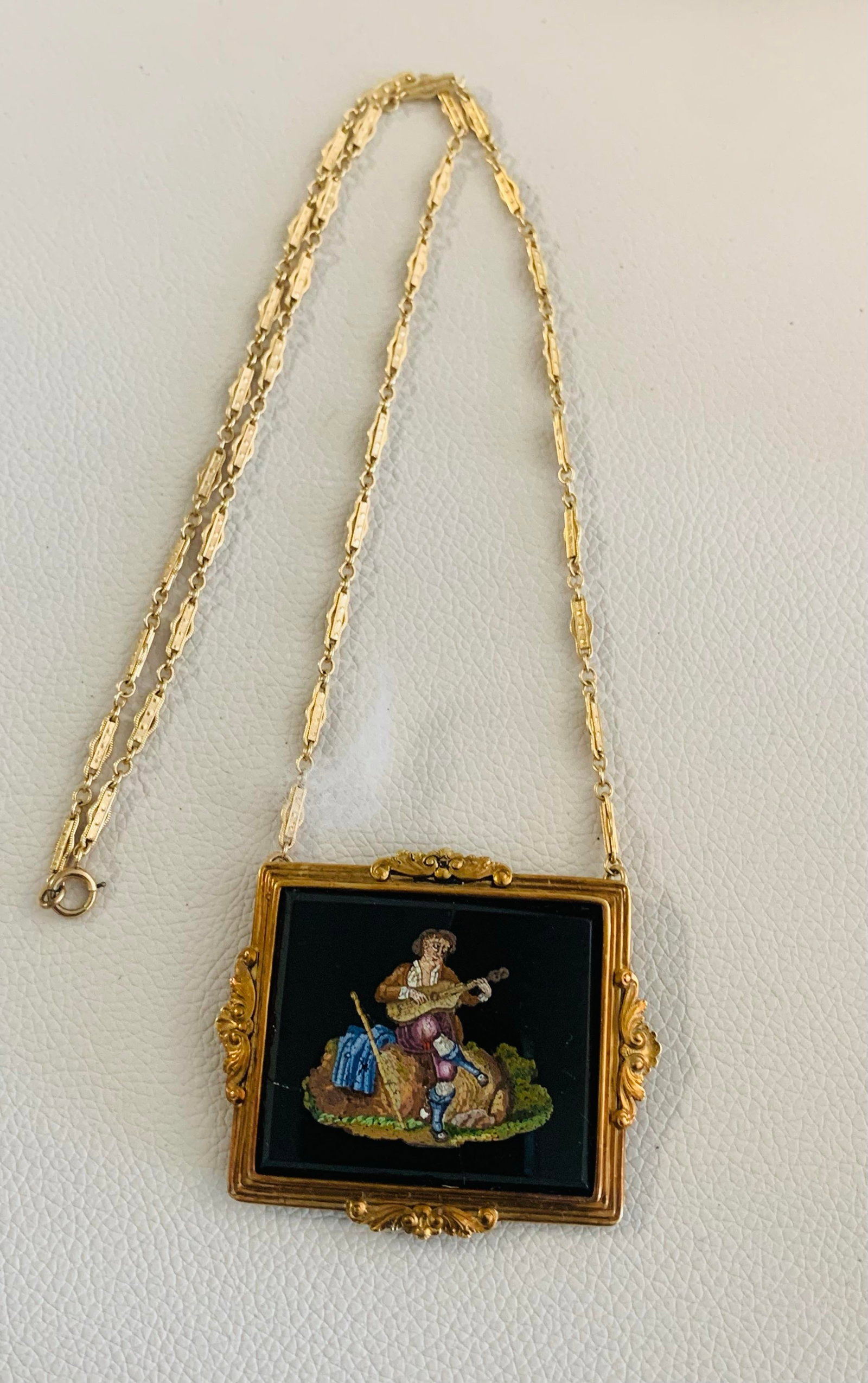 Antique Micro Mosaic Pendant Necklace - 14k Gold Frame - 2