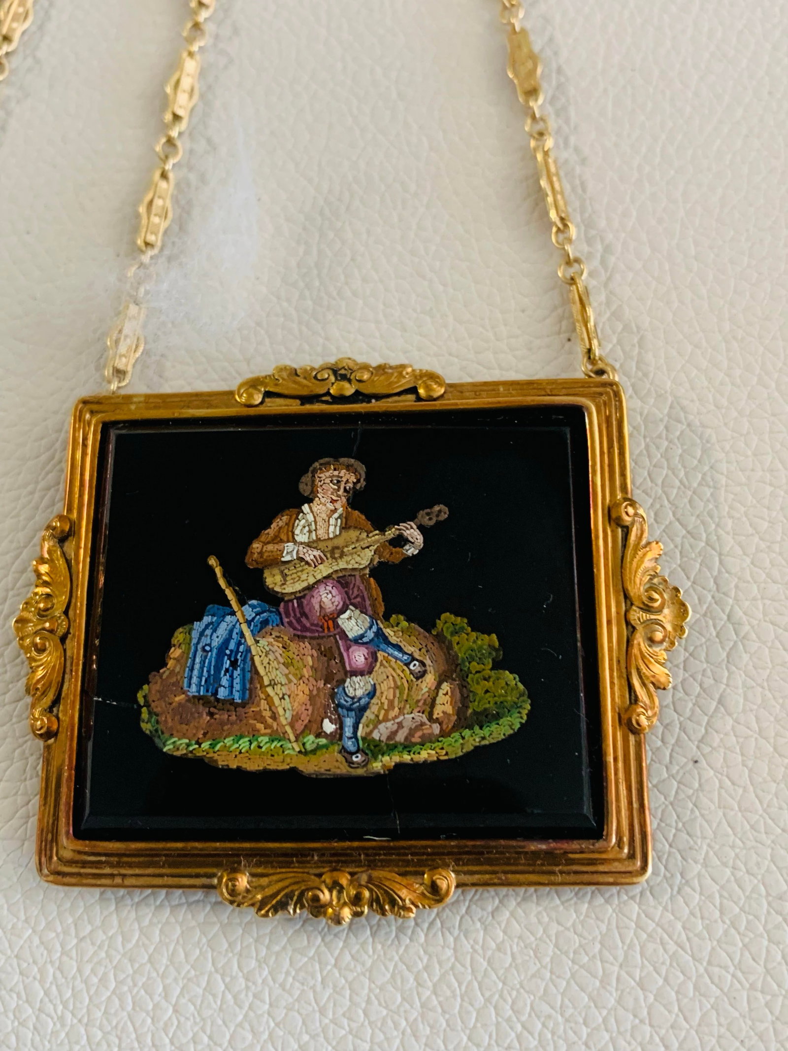 Antique Micro Mosaic Pendant Necklace - 14k Gold Frame - 3