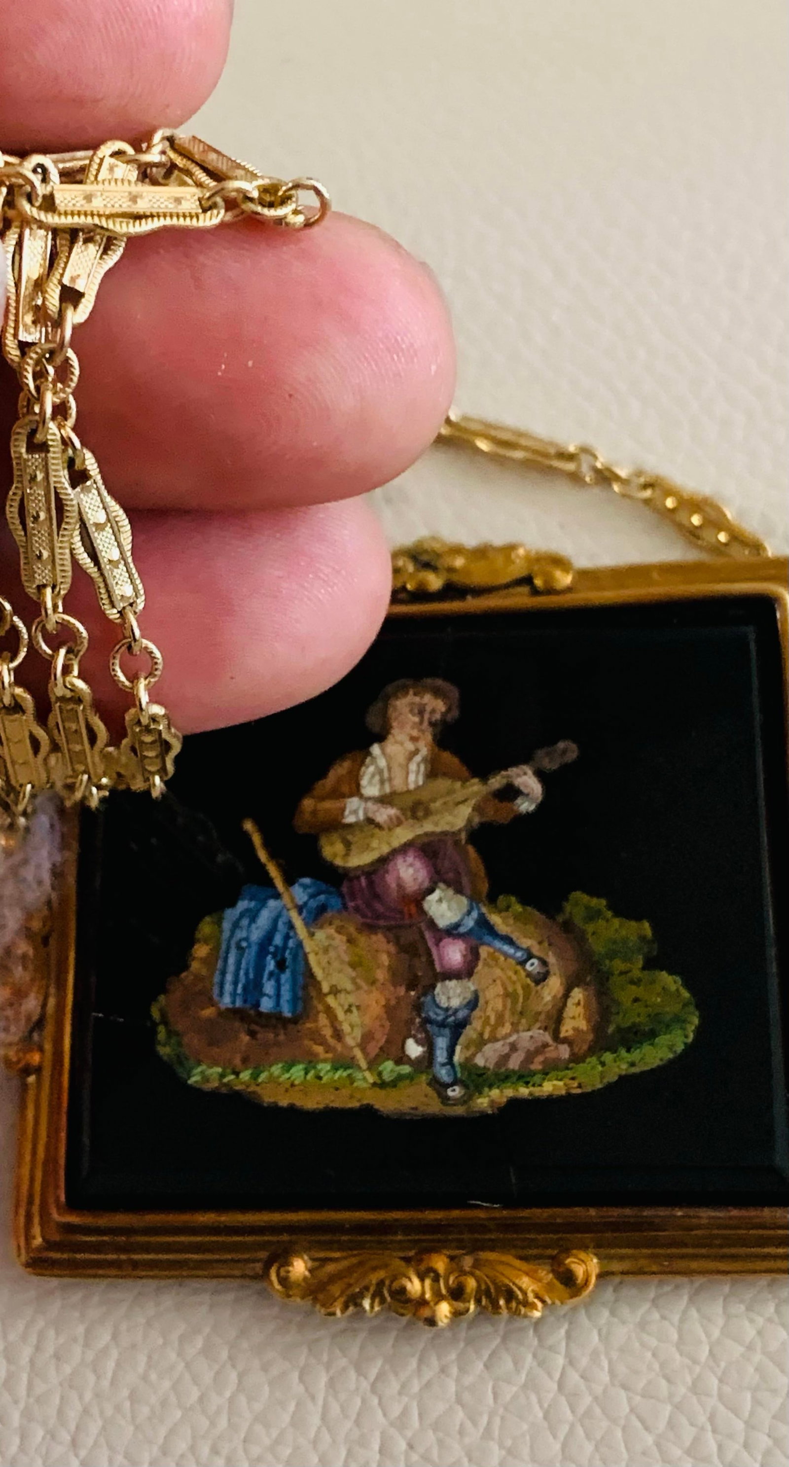 Antique Micro Mosaic Pendant Necklace - 14k Gold Frame - 5