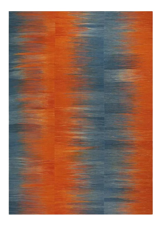 Handwoven Scandinavian Style Persian Kilim Rug 8'4'' X 11'10": This strikingly beautiful example of an hand-woven flatweave Scandinavian Style Kilim area rug features a fun pop of vibrantly bright colors in an elegantly minimalist abrashed orange/ gray colored