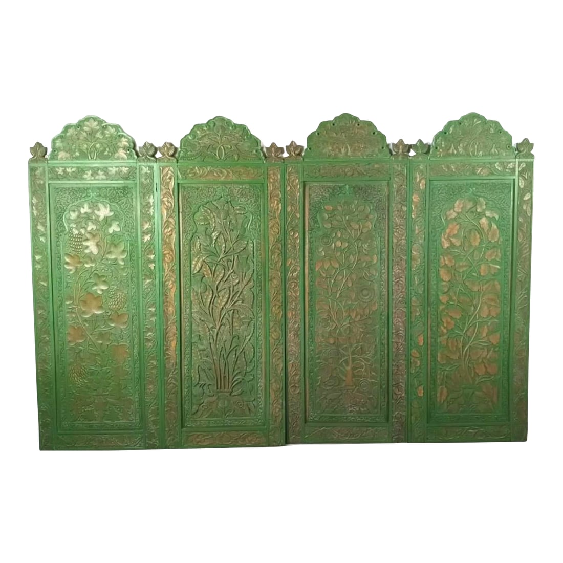 1930s Four Carved Indian Style Wooden Panels in Green: Group of 4 Carved Green Wood Panels 4 together: make a great screen or wall decor Probably from India. 63"h x 94"w Condition: Some cracks and some loss of wood. Condition: Alterations: Original