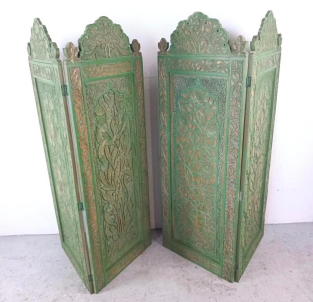 1930s Four Carved Indian Style Wooden Panels in Green - 6