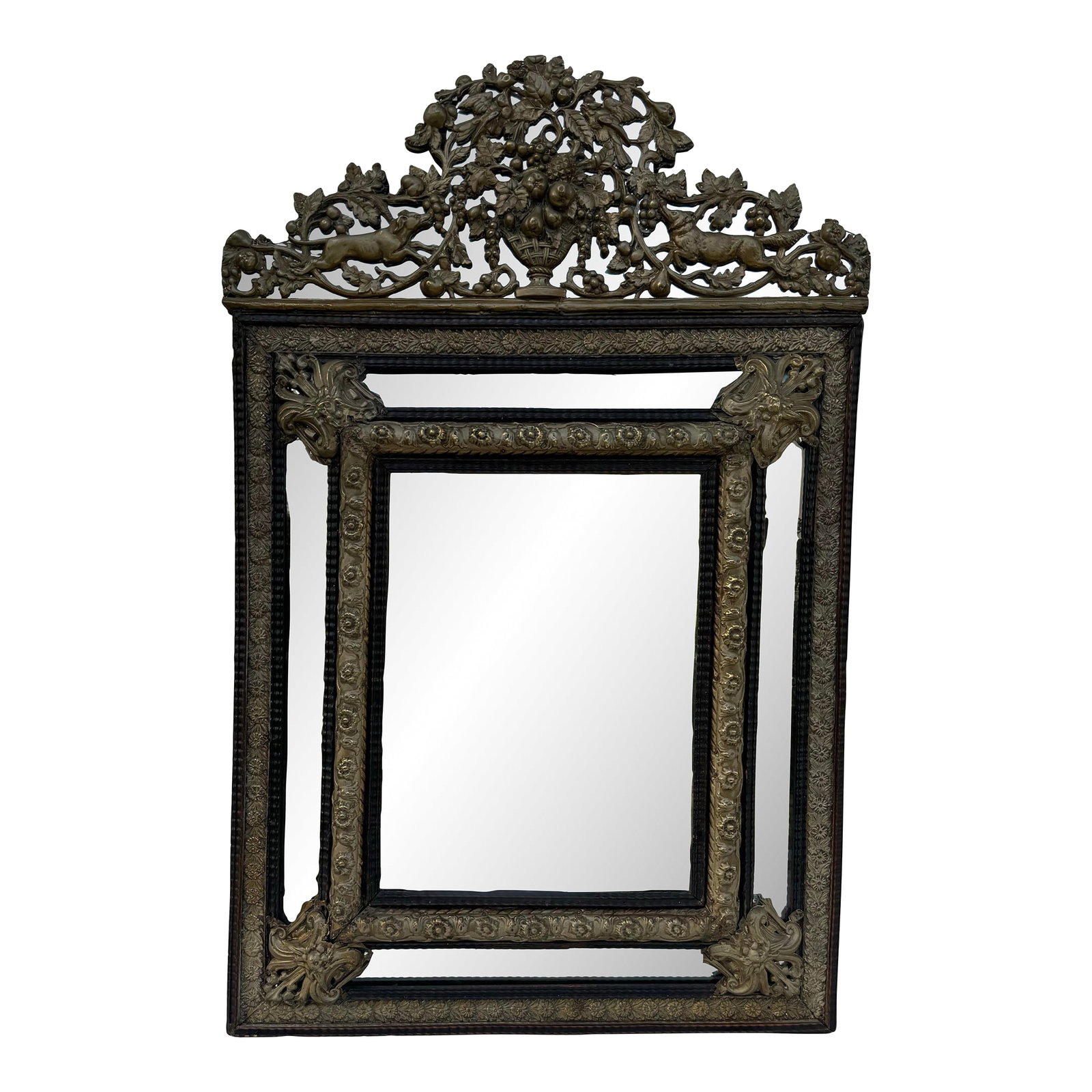 Gorgeous Antique Mirror 19th Century Dutch Ebony and Brass Repousse Cushion: lovely sculptural antique Dutch repousse cushion wall mirror with brass and ebonized wood accents. overall height is 44" and 36.25" top of rectangle. width is 27.75". Mirrored portion is 21.25" by 16.