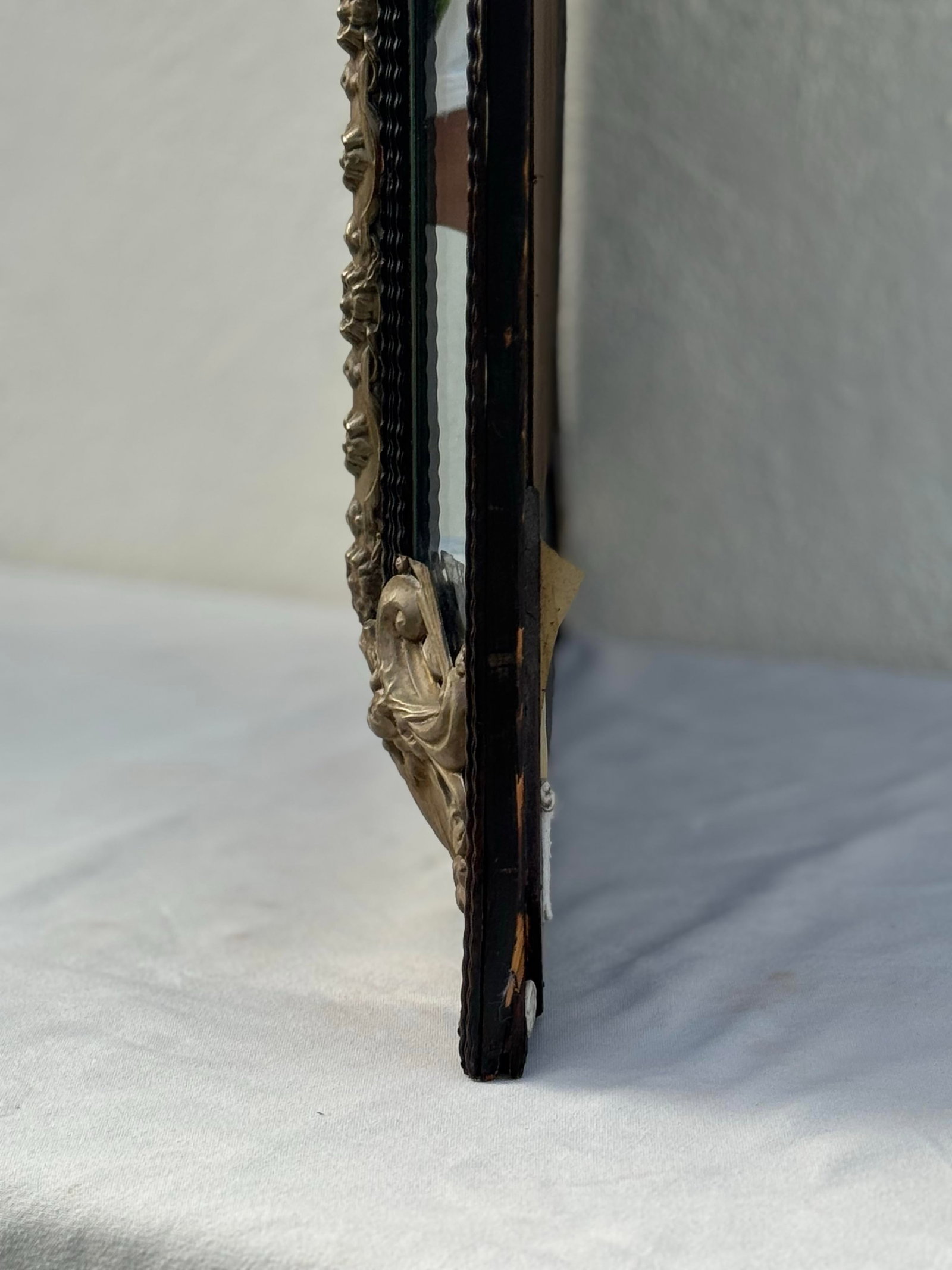 Gorgeous Antique Mirror 19th Century Dutch Ebony and Brass Repousse Cushion - 2