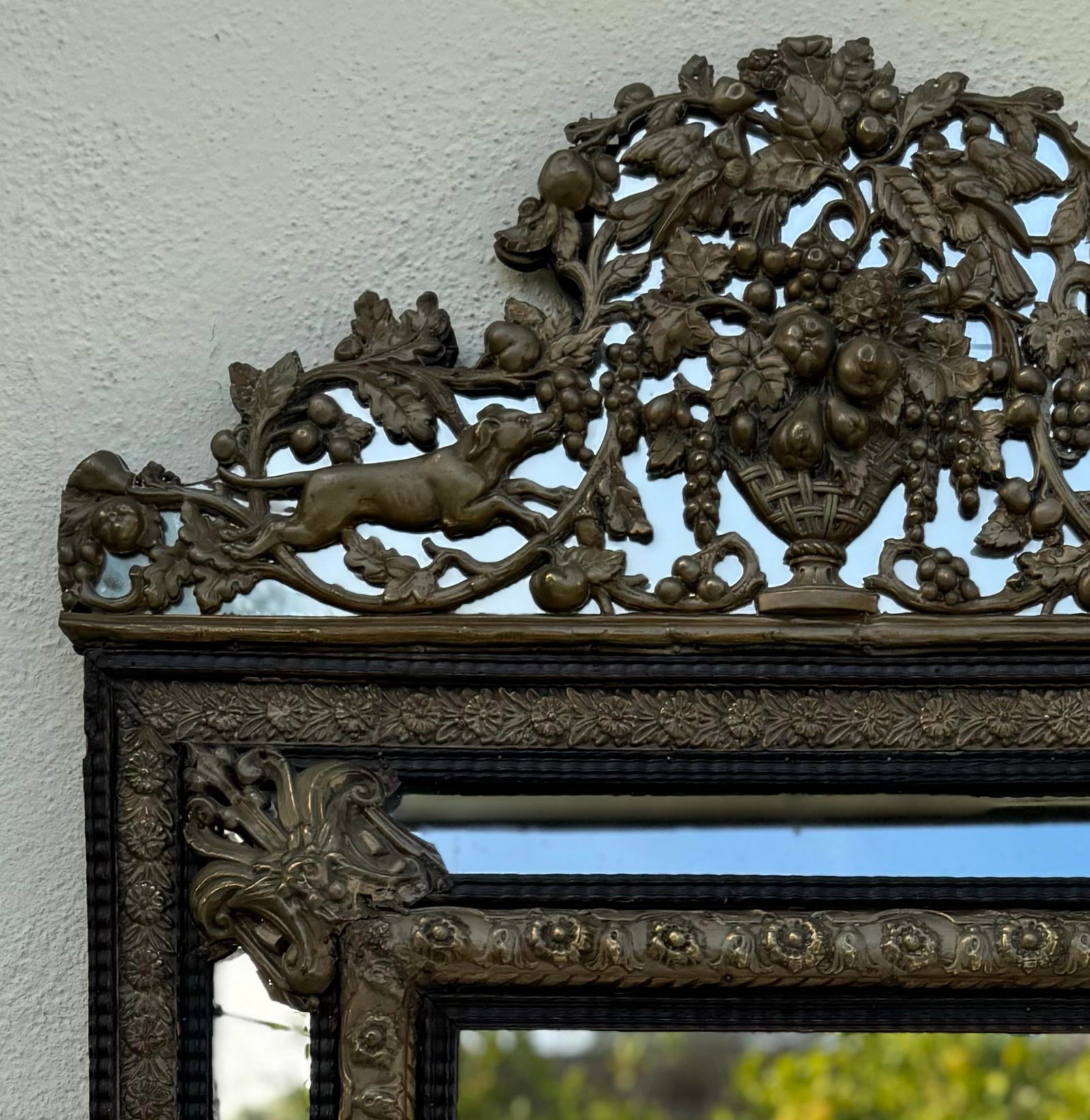 Gorgeous Antique Mirror 19th Century Dutch Ebony and Brass Repousse Cushion - 3