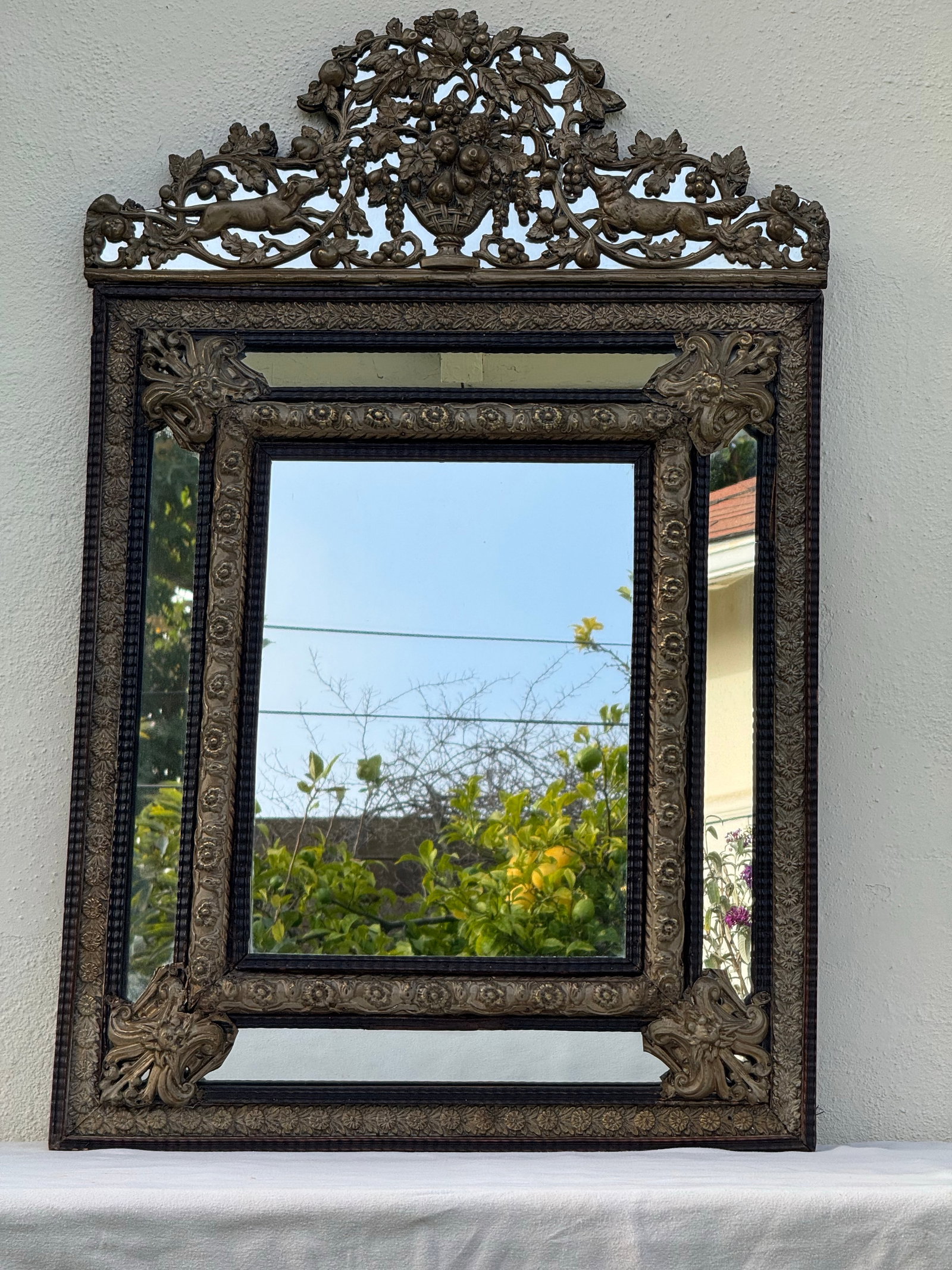 Gorgeous Antique Mirror 19th Century Dutch Ebony and Brass Repousse Cushion - 4