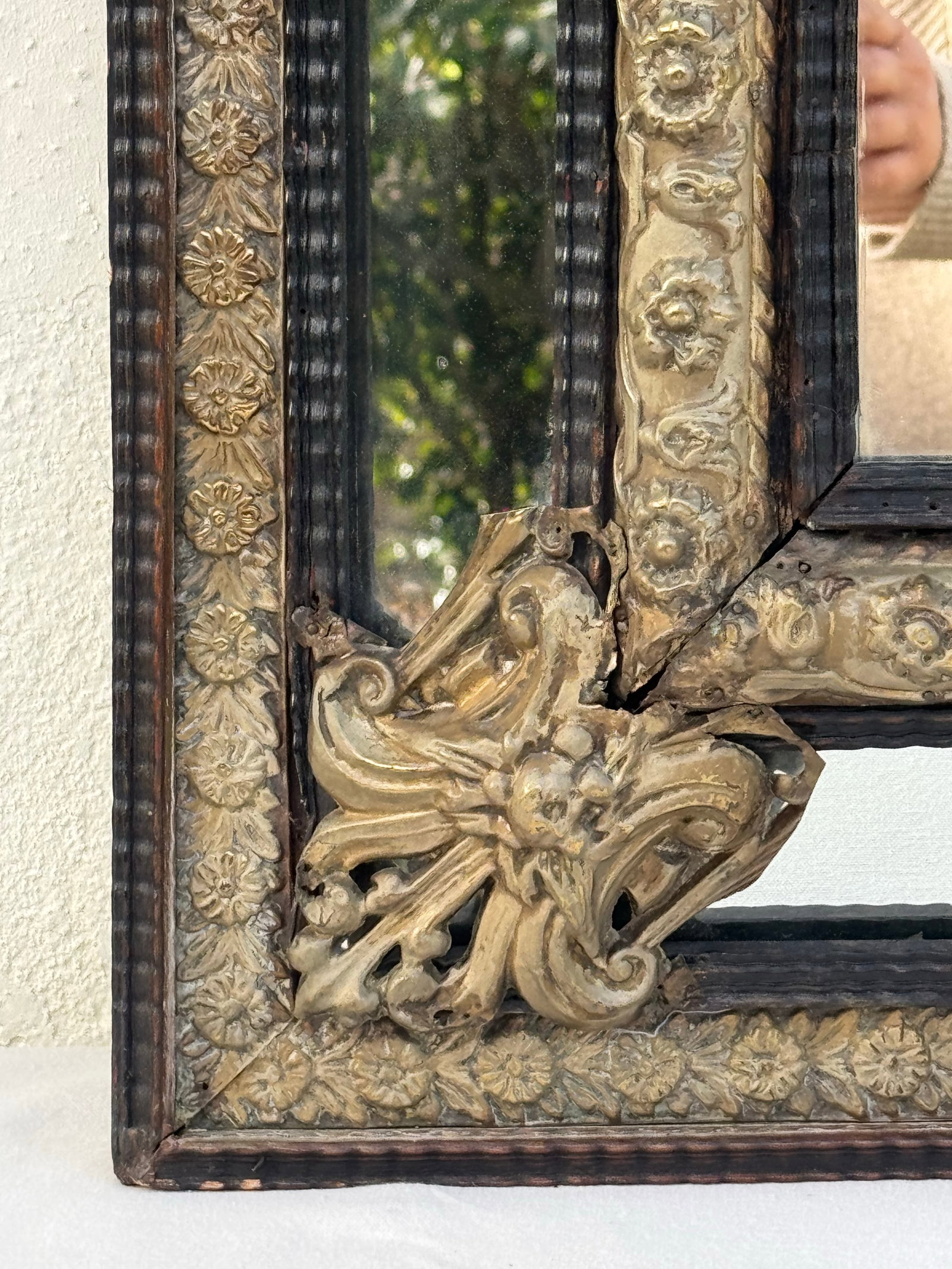 Gorgeous Antique Mirror 19th Century Dutch Ebony and Brass Repousse Cushion - 5