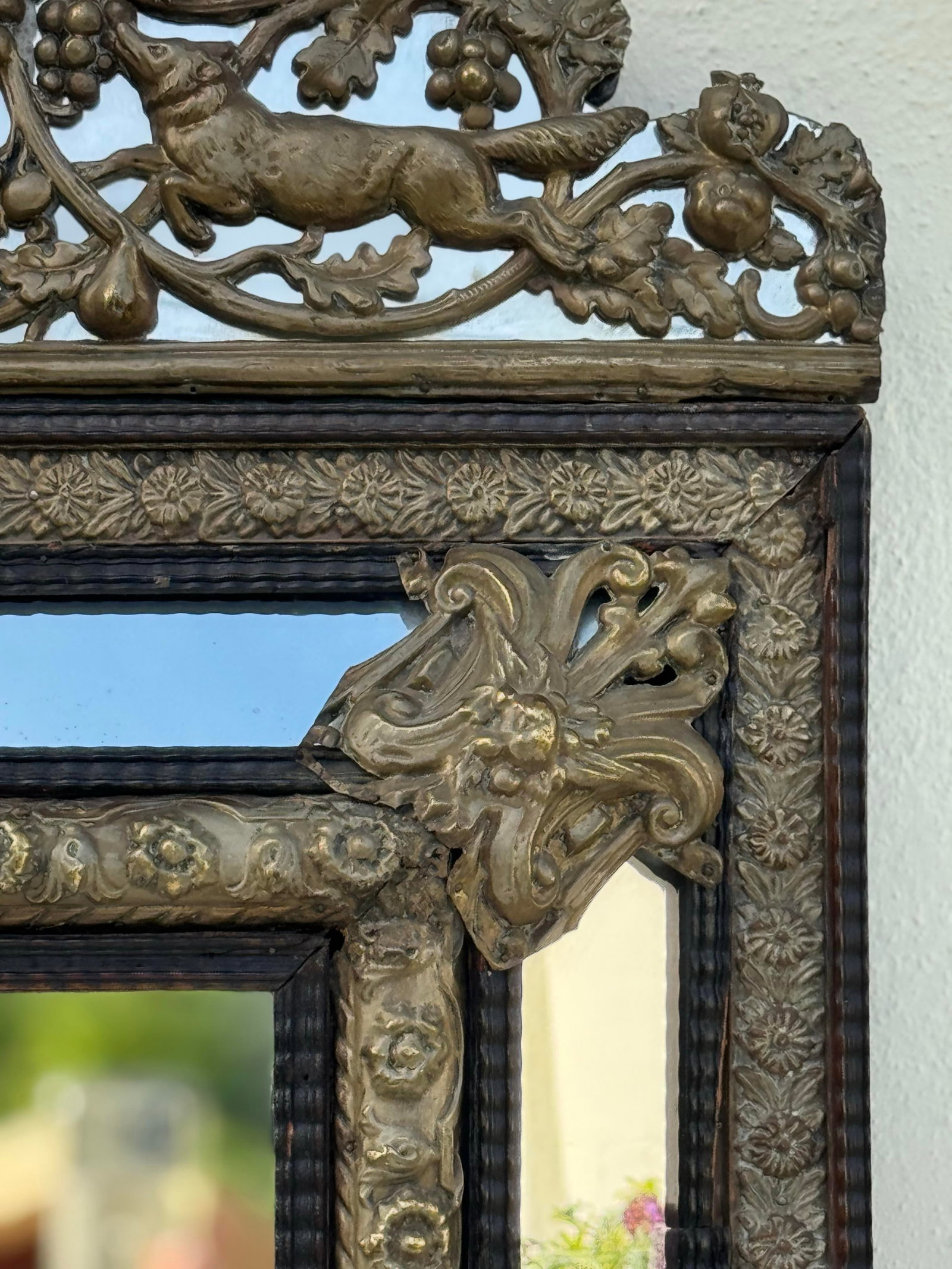 Gorgeous Antique Mirror 19th Century Dutch Ebony and Brass Repousse Cushion - 6