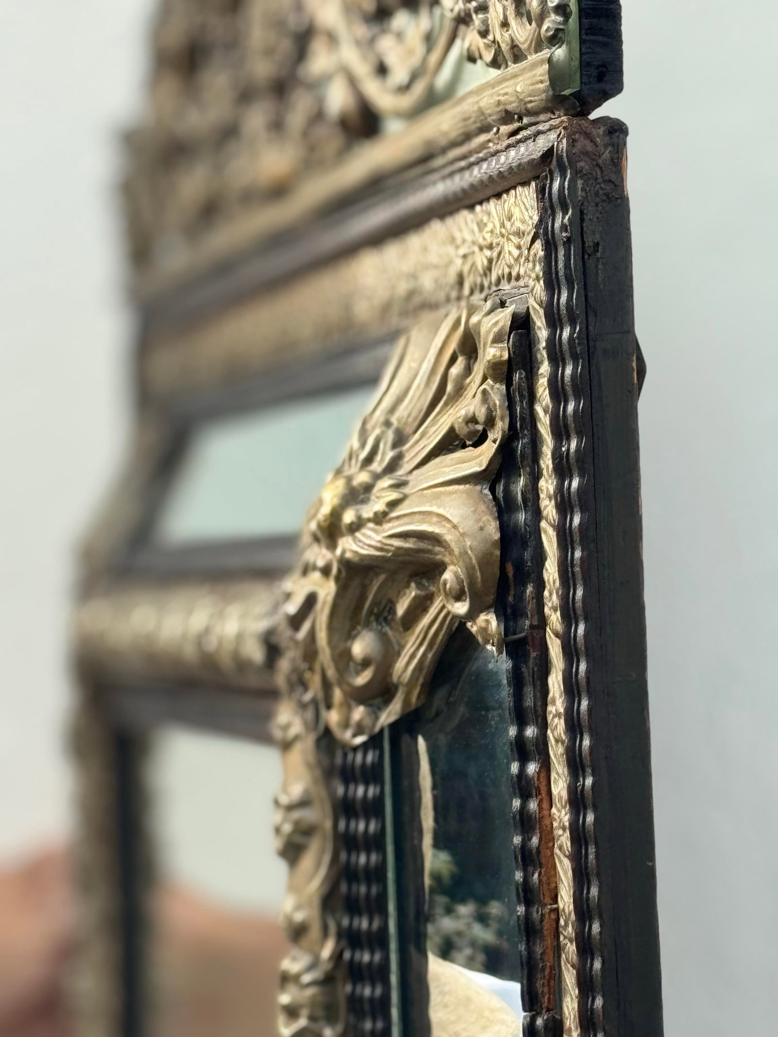 Gorgeous Antique Mirror 19th Century Dutch Ebony and Brass Repousse Cushion - 7