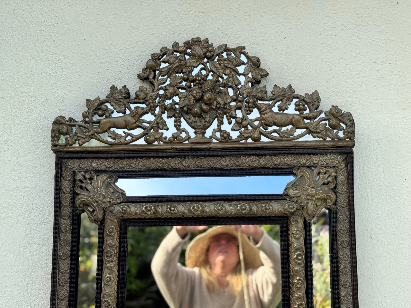 Gorgeous Antique Mirror 19th Century Dutch Ebony and Brass Repousse Cushion - 8