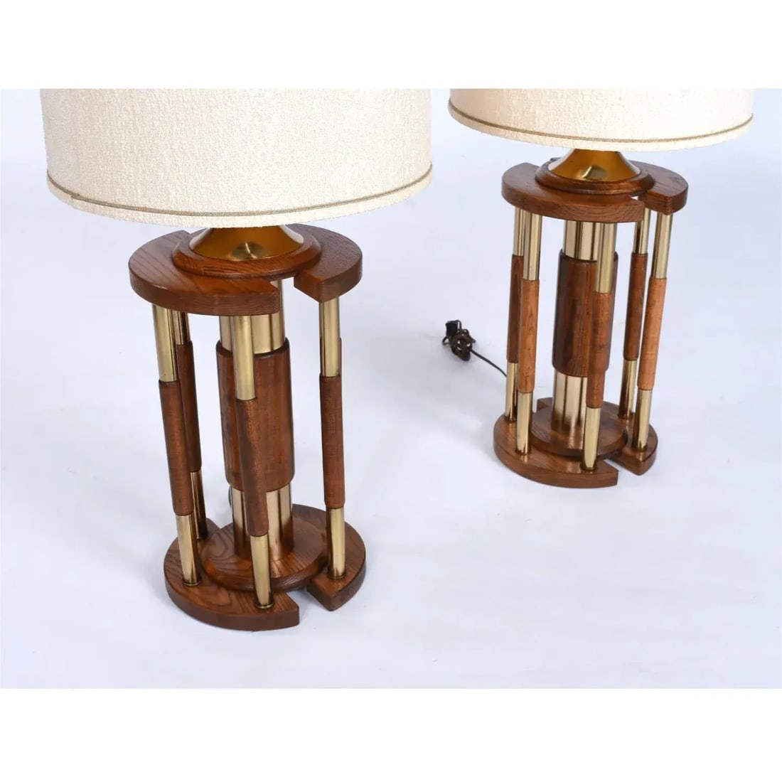 Pair Post Modern Gold Brass and Oak Wood Large Table Lamps - 10