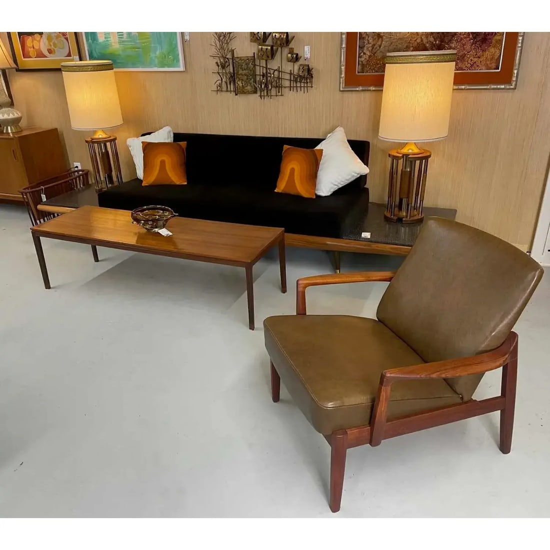Pair Post Modern Gold Brass and Oak Wood Large Table Lamps - 2