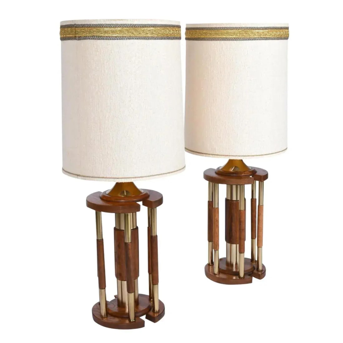 Pair Post Modern Gold Brass and Oak Wood Large Table Lamps - 3