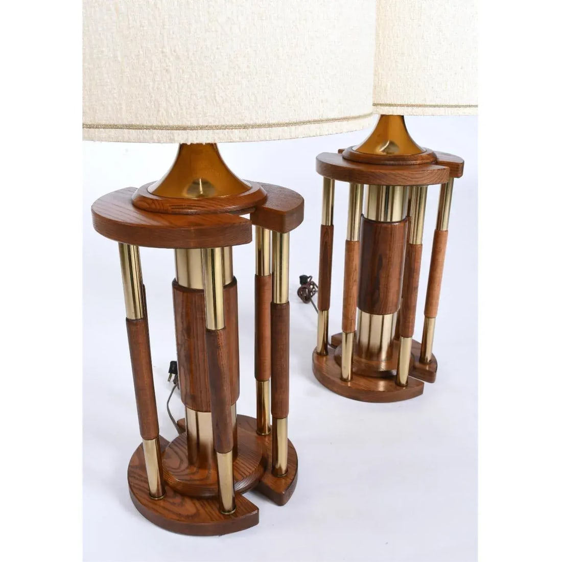 Pair Post Modern Gold Brass and Oak Wood Large Table Lamps - 4
