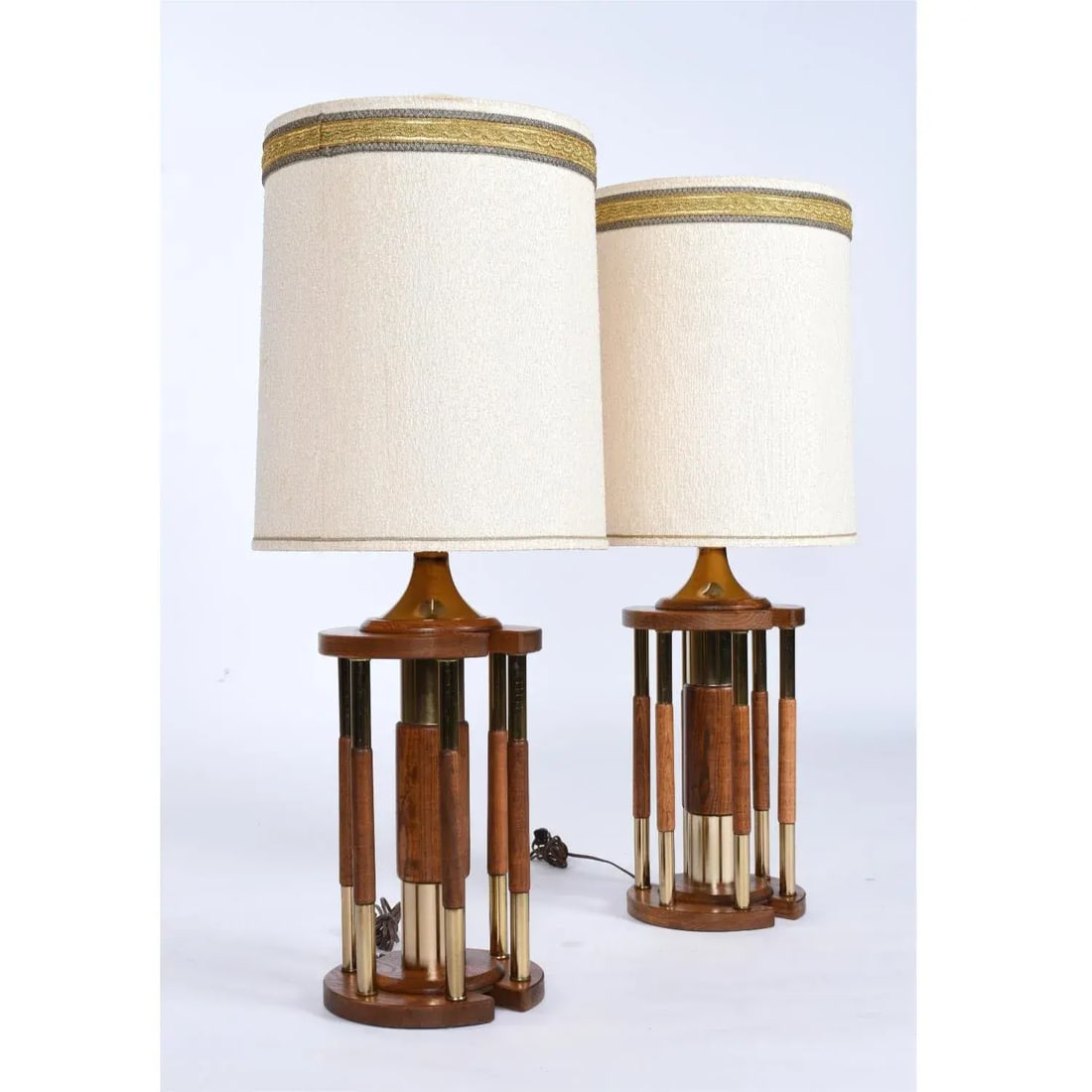 Pair Post Modern Gold Brass and Oak Wood Large Table Lamps - 5