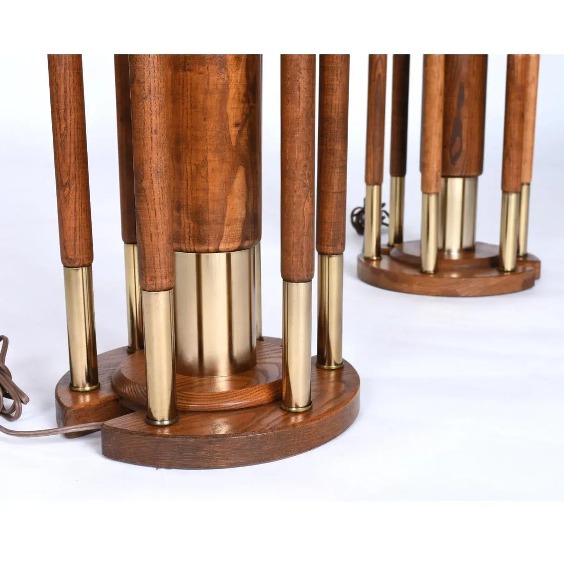 Pair Post Modern Gold Brass and Oak Wood Large Table Lamps - 6