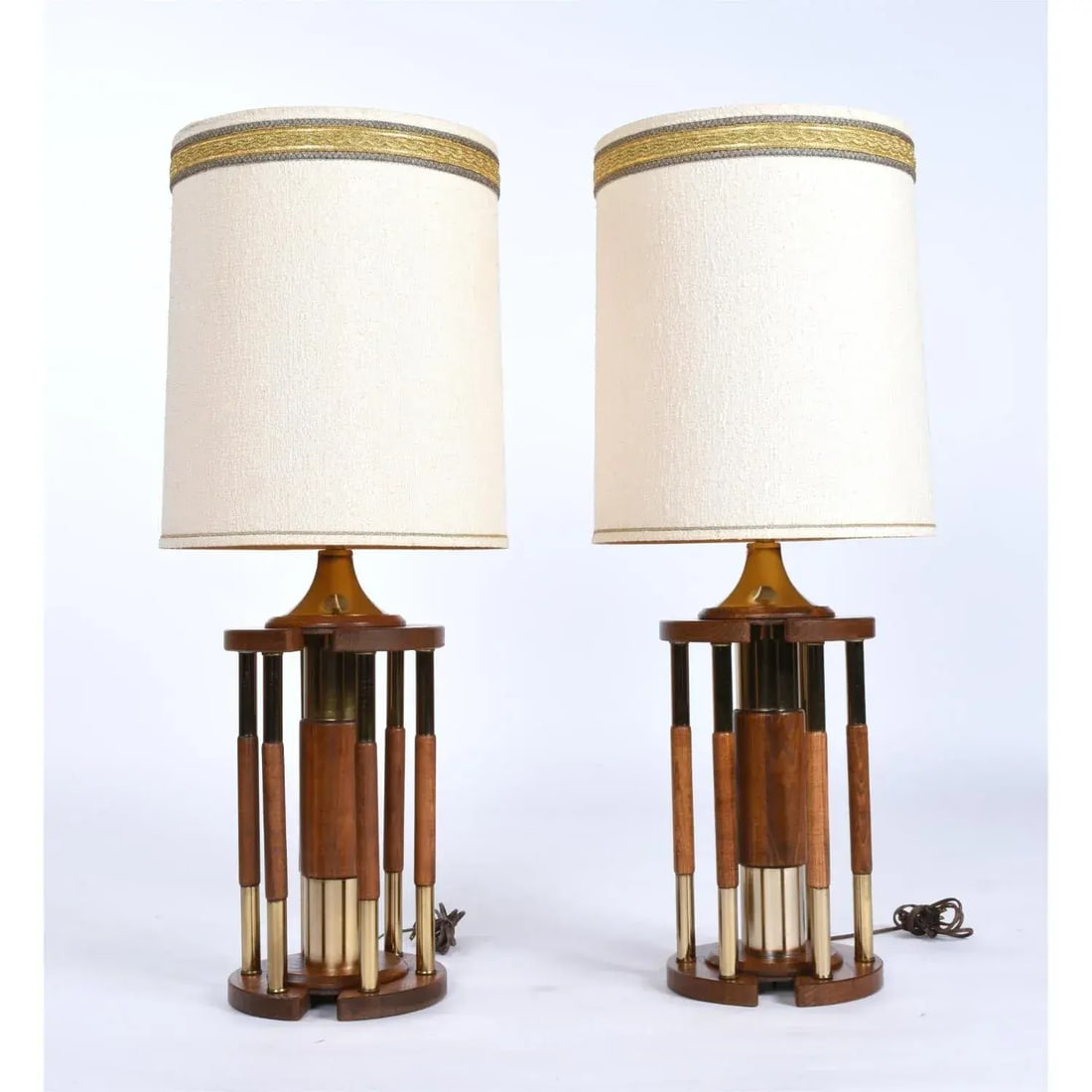 Pair Post Modern Gold Brass and Oak Wood Large Table Lamps - 7