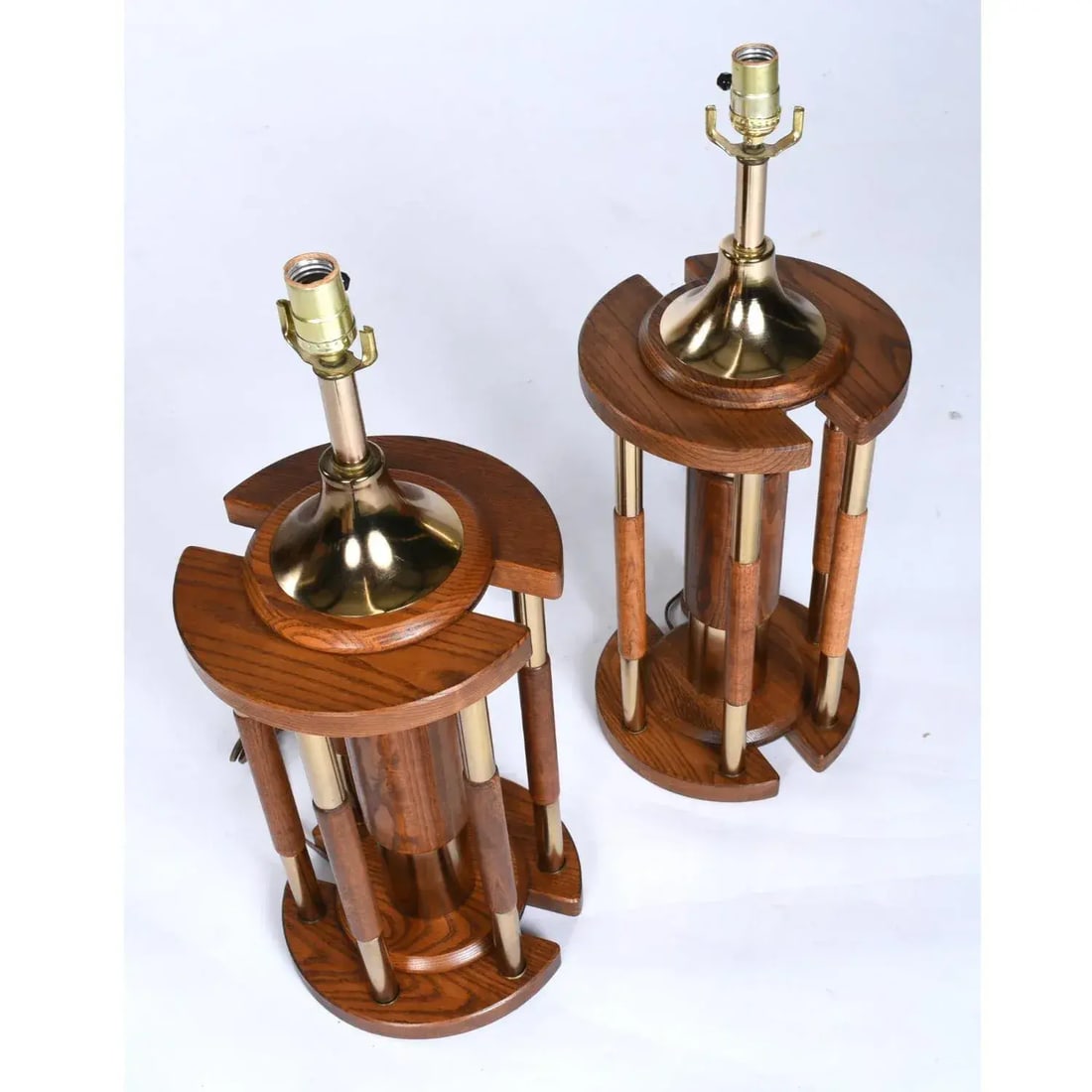 Pair Post Modern Gold Brass and Oak Wood Large Table Lamps - 8