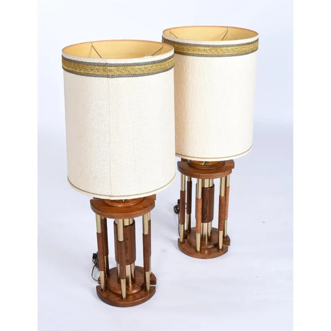Pair Post Modern Gold Brass and Oak Wood Large Table Lamps - 9