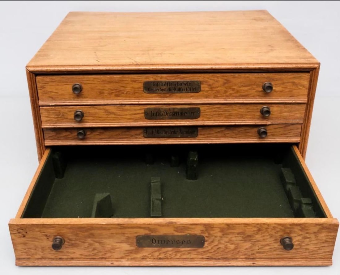 Antique German Oak Silver Flatware Chest - 11