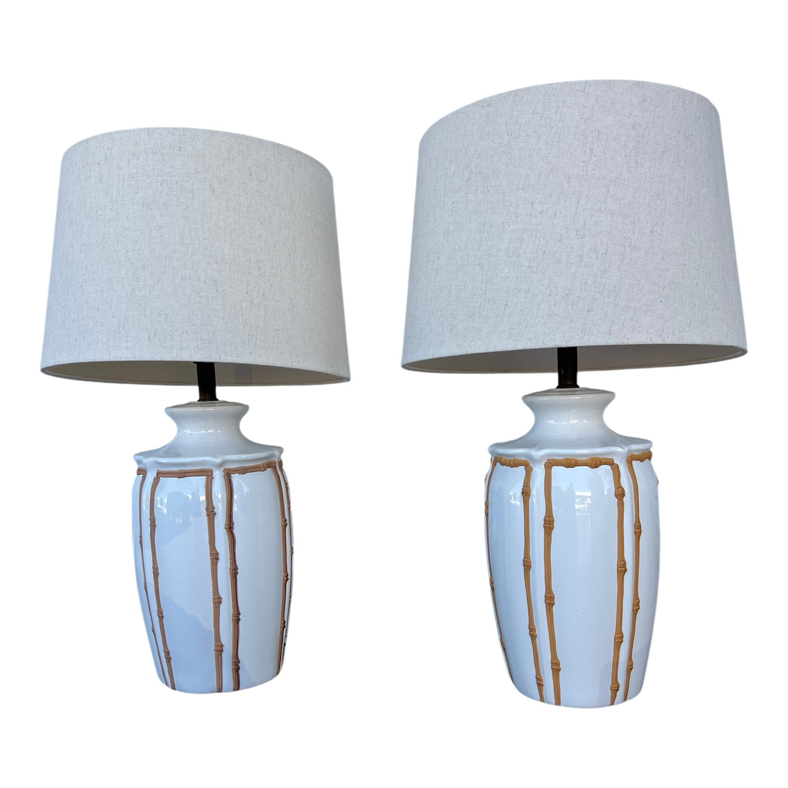 Mid 20th Century Mid-Century Modern Faux Bamboo Ceramic Table Lamps - a Pair