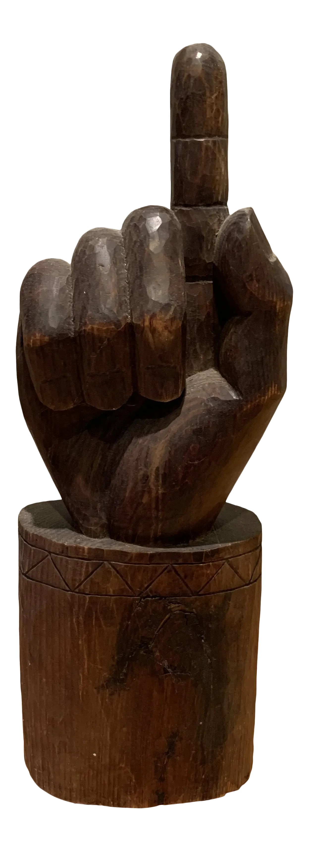 1960s Carved Wood Hand Sculpture: Vintage one of a kind carved wood sculpture of a hand pointing up. Superb detail and substantial. Very solid and heavy. Type of wood unknown. 22" tall x 9"wide x 4" deep. 1960's. Condition: