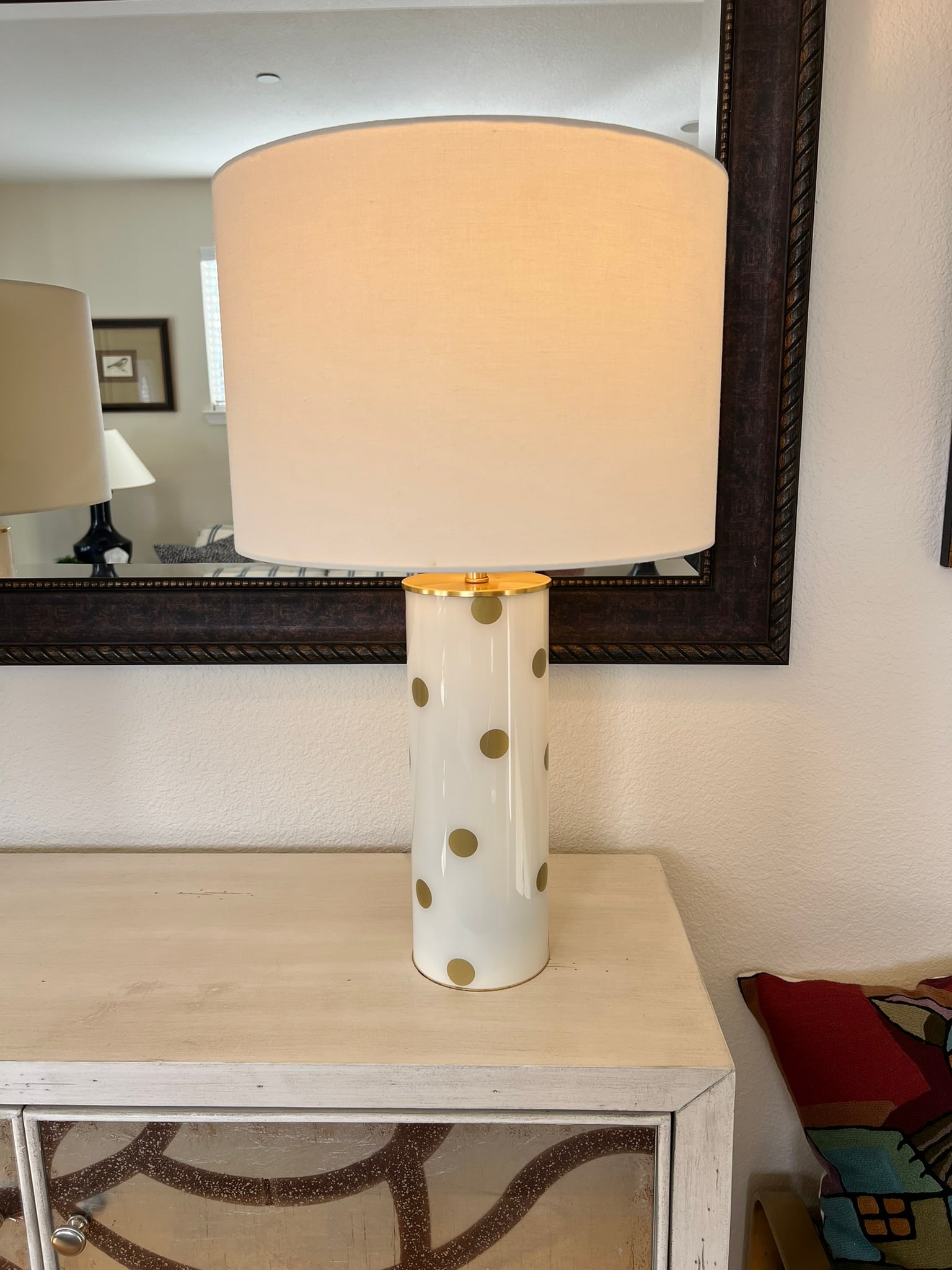 Kate Spade Cream & Gold Pavilion Polka Dot Cylinder Table Lamp W/ Cream Linen Shade; Set of 2 - 2