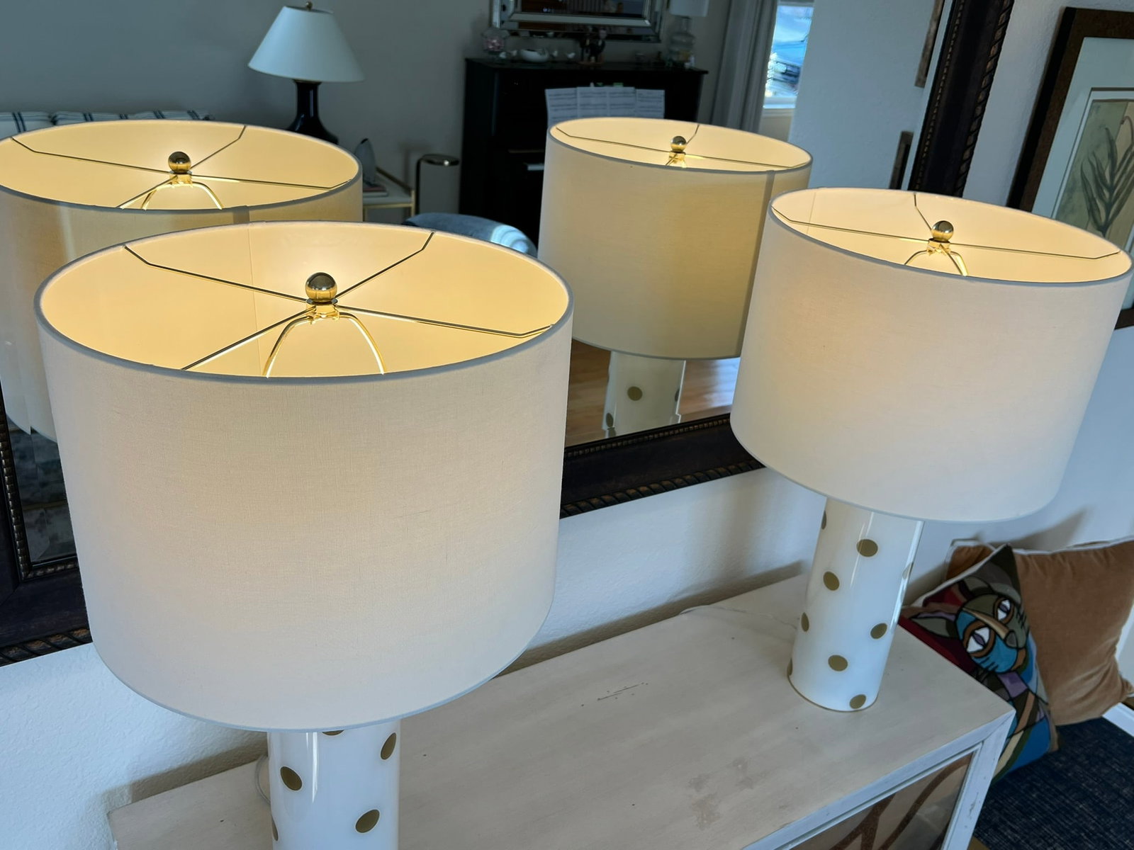 Kate Spade Cream & Gold Pavilion Polka Dot Cylinder Table Lamp W/ Cream Linen Shade; Set of 2 - 3