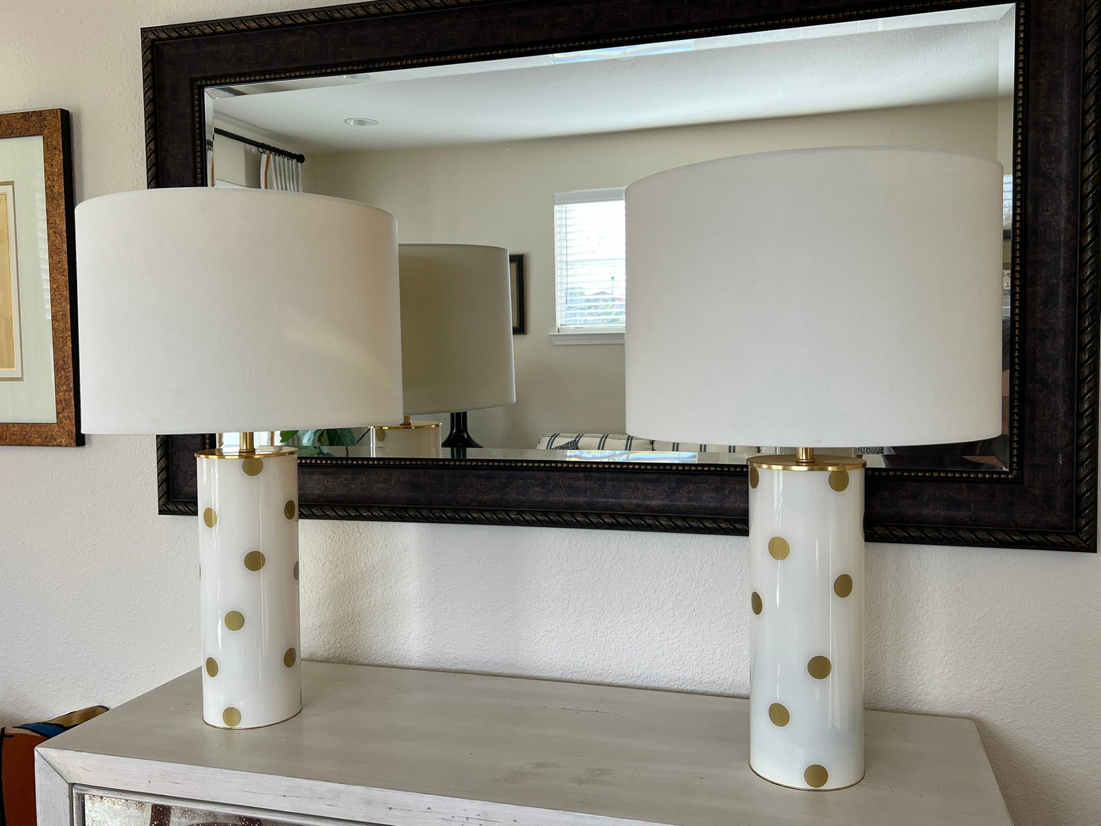 Kate Spade Cream & Gold Pavilion Polka Dot Cylinder Table Lamp W/ Cream Linen Shade; Set of 2 - 4