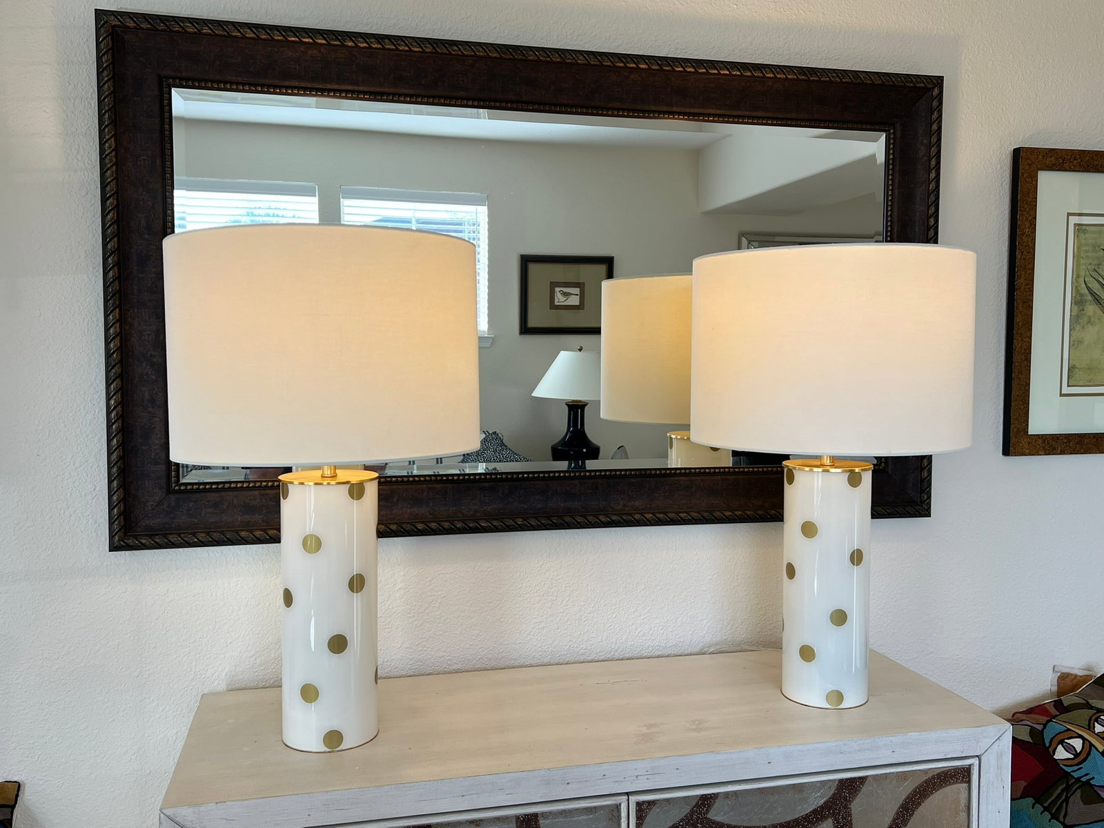 Kate Spade Cream & Gold Pavilion Polka Dot Cylinder Table Lamp W/ Cream Linen Shade; Set of 2 - 7