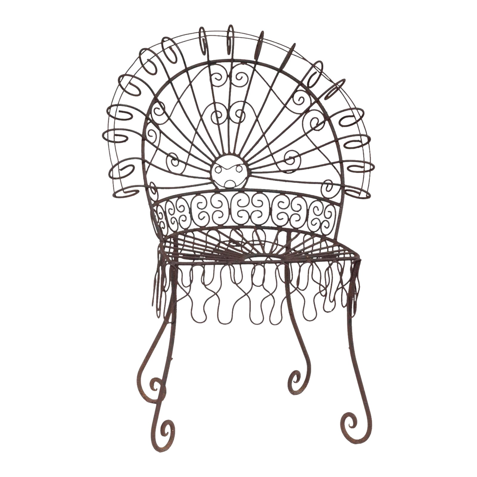 Mid 20th Century Salterini Style Iron Outdoor Garden Chair: Vintage Salterini style peacock chair featuring a distinctive fan shaped back with intricate wire work. Condition: Alterations: Original Condition Unaltered Imperfections: Some Imperfections Condition