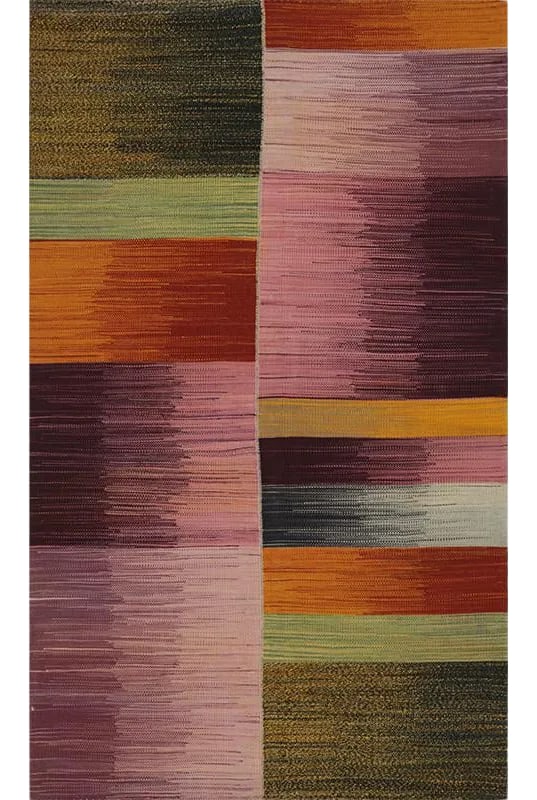 Handwoven Scandinavian Style Kilim Area Rug 3'8'' X 5'11": This remarkable contemporary Scandinavian Style Kilim area rug features a dramatic pop of electrifying colors in a playfully rich design. The innovative modern use of colors certainly brings a