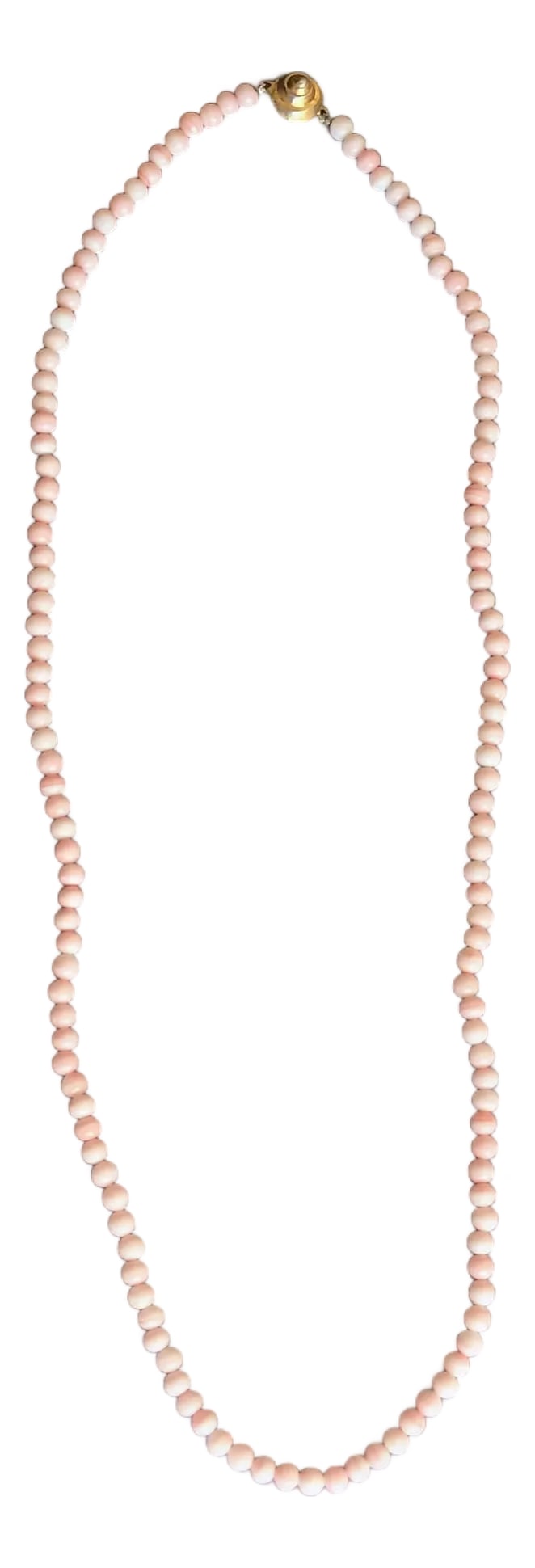 30" Antique Angel Skin Necklace Coral With Golden Clasp: Even sized beads with varying colors between pink and off white coral. Hence the name of this coral of angl skin. Nice gold tone clasp. Condition: Alterations: Original Condition Unaltered