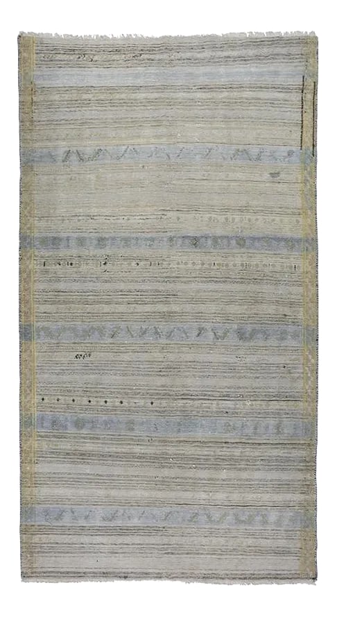Handwoven Persian Kilim Area Rug 4'10" X 9'2": This strikingly beautiful example of a contemporary handwoven Persian Kilim tribal rug features a fun pop of vibrantly bright colors in a playful mixed-weave design. The creative modern twist in this