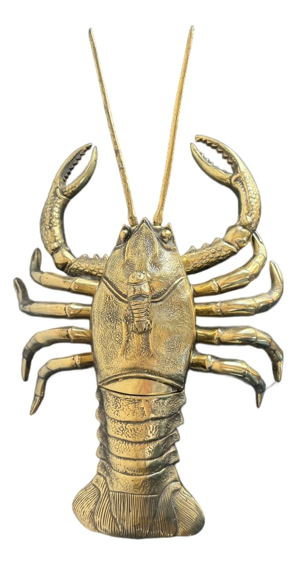 Large Vintage Brass Lobster Sculpture Box: Vintage Large Brass Lobster Figure with removable lid, stretches to 20" long and 12" wide. At a heft 4.5 lbs and 4" tall, this display sculpture shellfish is of life size size. No makers mark on the