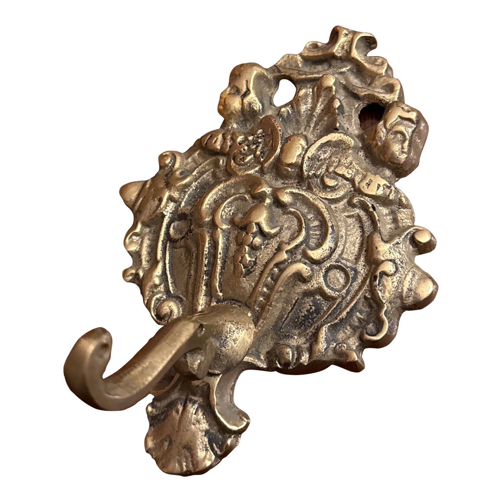 Mid 20th Century Ornate Brass Wall Hook: Louis XV rococo style embossed brass wall hook with cherubs, angels, scrolls, and foliate motifs. Great in a bathroom or by a door For a robe or coat rack, or in a kitchen for an apron. Condition: Alt