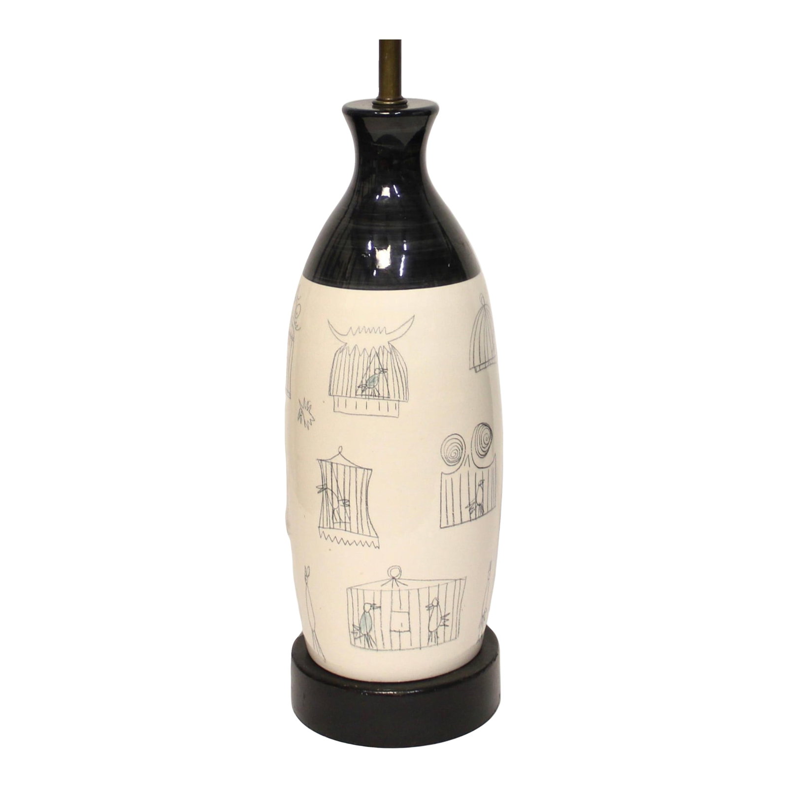 Vintage Modern Large Ceramic Table Lamp by Elc Du Nord of France | Birdcages Design: Large mid-century modern ceramic table lamp from northern France craftsman ELC Du Nord. Charming underglaze handpainting of birds and birdcages. Shade not included. Condition: Very good vintage