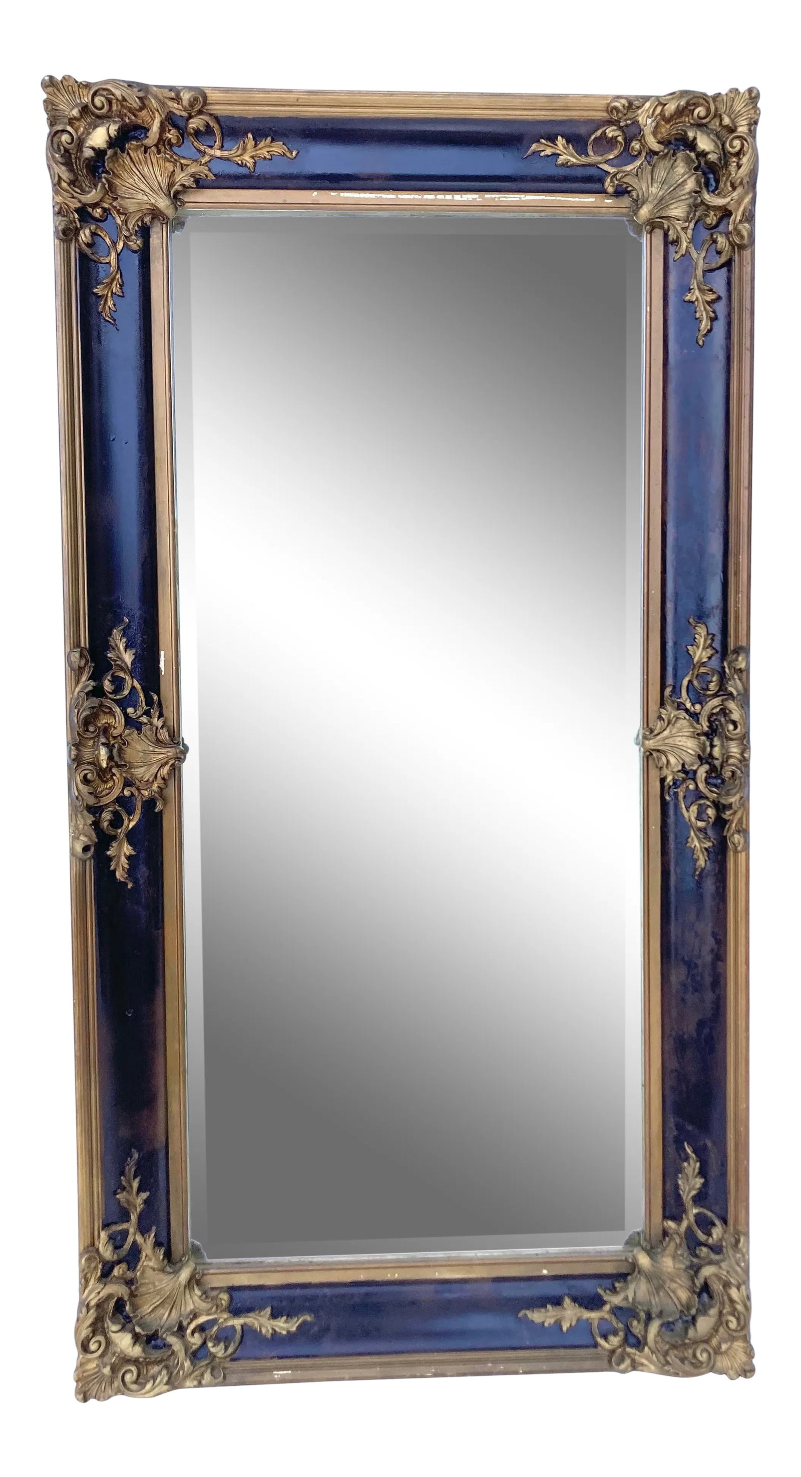 Antique Wood Frame & Plaster Floral Escuthchens Wall Mirror: Antique Wall Mirror Wood Frame and Plaster Floral Escuthchens, Decor Brown Paint. Beveled Mirror, c.1920's. Condition: Alterations: Original Design Modified Imperfections: Some Imperfections