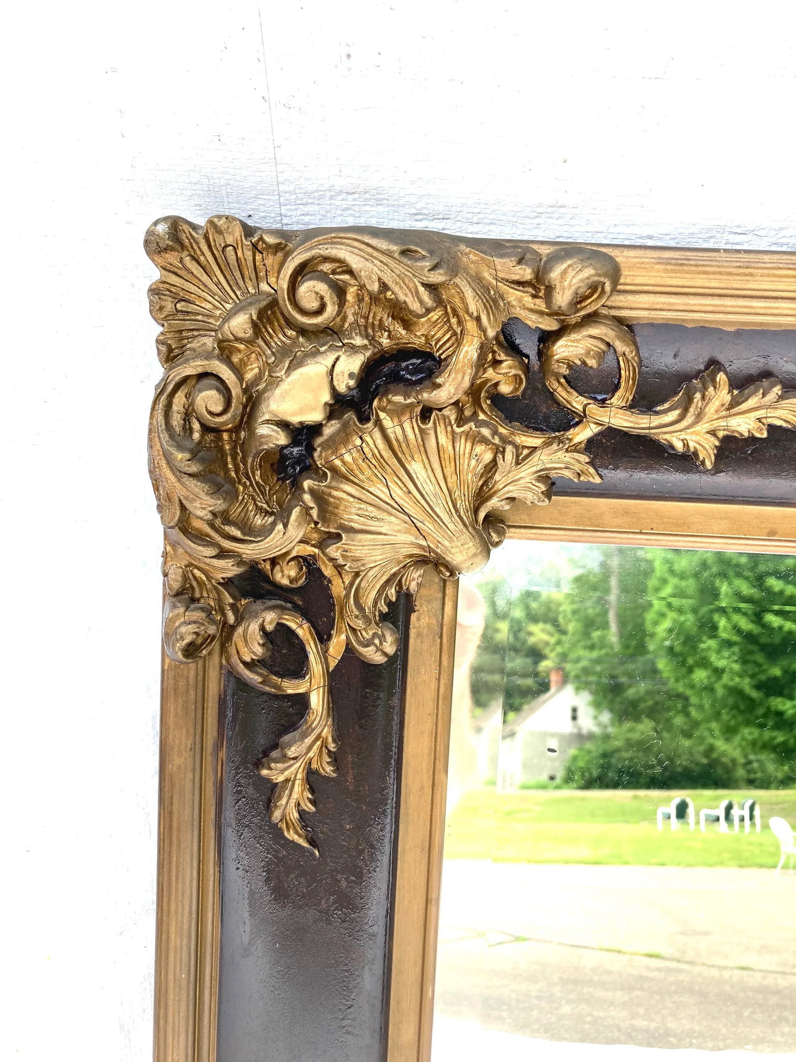 Antique Wood Frame & Plaster Floral Escuthchens Wall Mirror - 2